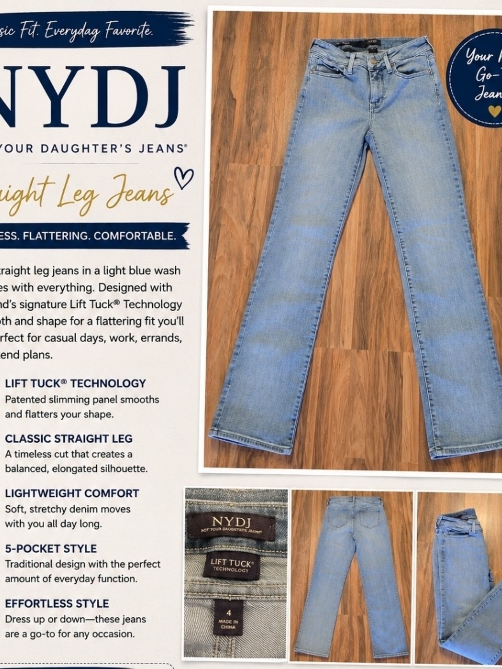 NYDJ Marilyn Straight Jeans Women’s Size 4 Light Wash Lift Tuck Stretch Denim